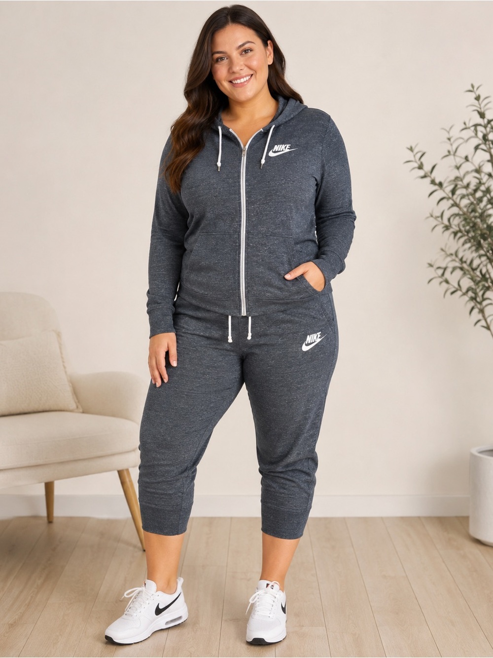 Nike Women’s Charcoal Zip Hoodie & Cropped Joggers Set - Charcoal